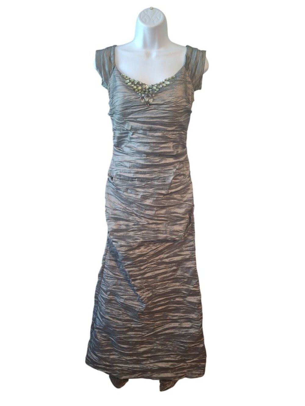 Alex Evenings Gown 8 Silver Gray Ruched Jeweled Maxi Dress Y2K Formal Glam